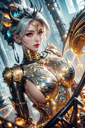 (robot,|dragoness|,gold),busty,(Lost ruins),(Black and white entanglement),(silver and crystal entanglement),High Detail,masterpiece,best quality,more detail,Hyper Quality,detailed,more detail.(spit a big light)
