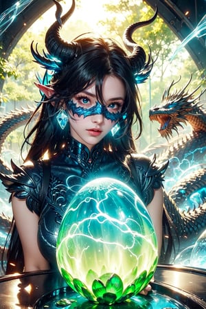 A cute girl with dragon horns is sleeping in a huge dragon egg. Her sleeping face can be clearly seen through the translucent blue eggshell.blue and energy entanglement,crystal and silver entanglement,