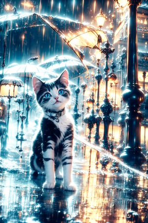 silver kitten, crying,dark fog,snow,street scenery,(rain:1.2) ,