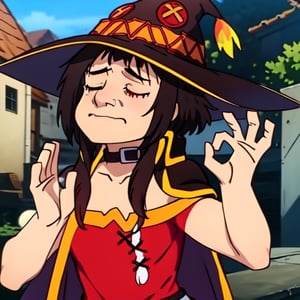 PachaMeme, ,Megu-KJ, megumin, red eyes, brown hair, short hair, wizzard hat, red dress, brown cape, standding, meme, closed eyes, closed mouth, 1girl, solo, small breasts