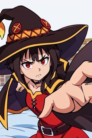 Megu-KJ, megumin, red eyes, brown hair, short hair, wizzard hat, red dress, brown cape, standding, small breasts, ,IncrsPunchMeme, Megu hat, looking at viewer, simple background, incoming punch, IncrsPunchMeme, angry, house, bed, bedroom