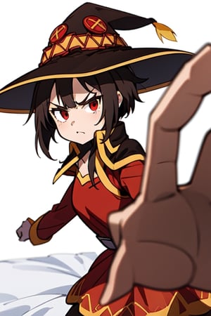 Megu-KJ, megumin, red eyes, brown hair, short hair, wizzard hat, red dress, brown cape, standding, small breasts, ,IncrsPunchMeme, Megu hat, looking at viewer, simple background, incoming punch, IncrsPunchMeme, angry, house, bed, bedroom, megu dress, 1girl, solo, punch