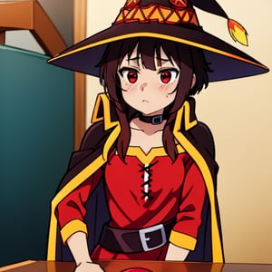 Megu-KJ, megumin, red eyes, brown hair, short hair, wizzard hat, red dress, brown cape, standding, meme, 1girl, small breasts, IncrsPajChal, Megu hat,IncrsPajChal
