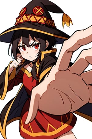 Megu-KJ, megumin, red eyes, brown hair, short hair, wizzard hat, red dress, brown cape, standding, small breasts, IncrsPunchMeme, Megu hat, looking at viewer, simple background, incoming punch, incoming punch, simple background, IncrsPunchMeme, angry, house, bed, bedroom, megu dress, 1girl, solo, punch, 1 punch, 1 hand