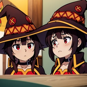 Megu-KJ, megumin, red eyes, brown hair, short hair, wizzard hat, red dress, brown cape, standding, meme, small breasts, IncrsPajChal, Megu hat,IncrsPajChal