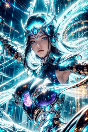 (goddess,iron woman,Saint Seiya),(Complex luminous structure design),Purple plasma electromagnetic shield,crystal and silver entanglement