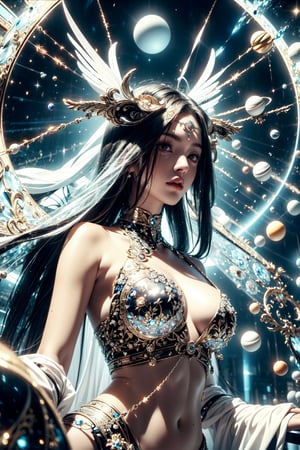 (goddess,Amaterasu,Aphrodite),(solar system,magic circle),Black and white entanglement,crystal and silver entanglement,
