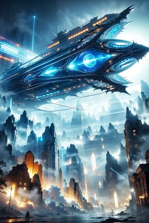 (floating spaceship, giant )shuttles through the fog, street scenery , blue light, (dense fog:1.4) ,crystal and silver entanglement,black and white entanglement
