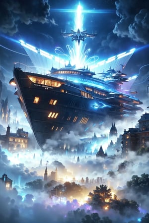(floating spaceship, giant )shuttles through the fog, street scenery , blue light, (dense fog:1.4) ,crystal and silver entanglement,black and white entanglement