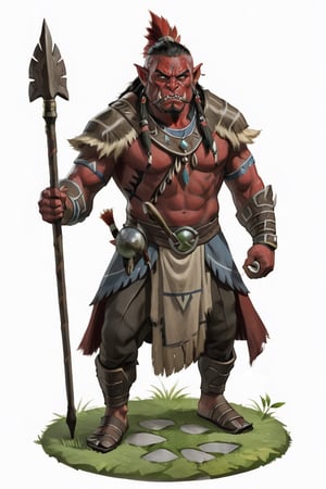portrait of male red skin orc shaman with folkloric clothes holding spear standing on grass on round stone pavement, (red skin:1.5), full shot (FS), ((full body with legs)), standing, looking straight, | (white background:1.2), simple background |, medieval, pastel muted colors, digital art, 8K resolution, ultra quality, Watercolor, trending on artstation, intricate details, highly detailed