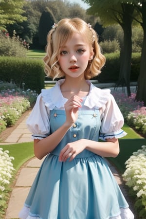 AIDA_LoRA_piop as Alice in Wonderland, blonde hair, random pose, random expression, innocence, English garden, surreal,better_hands