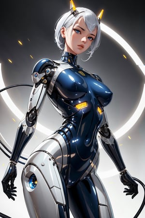 1girl, solo, navy blue color, cyborg style, cyborg, wire, cable, android, mechanical body part, hd, looking_at_viewer,