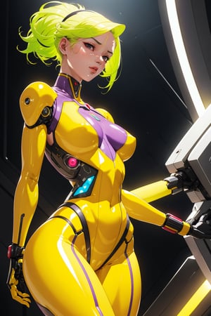 1girl, solo, green yellow hair, red pink suit, blue arm sleeves, purple stockings, cyborg style, cyborg, wire, cable, android, mechanical body part, hd, looking_at_viewer,