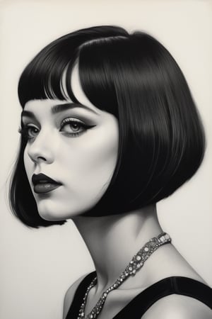 (((iconic illustration beautiful girl black but extremely beautiful)))
(((intricate details,masterpiece,best quality)))
(((drawing Black charcoal pencil)))
(((Indoors room, open spaces, epic, minimalist, concrete,monochrome))) 
(((looking at viewer, view face profile, view macro zoom face)))
(((lining on the cheek)))
(((white paper background)))
(((Black hair bob_curt,1920s age style)))
(((by Diane Arbus style)))