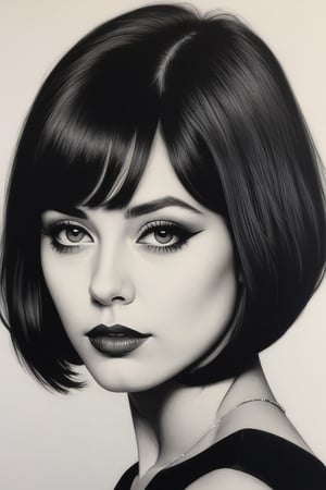 (((iconic illustration beautiful woman but extremely beautiful)))
(((intricate details,masterpiece,best quality)))
(((drawing Black charcoal pencil)))
(((Indoors room, open spaces, epic, minimalist, concrete,monochrome))) 
(((looking at viewer, view face profile, view macro zoom face)))
(((lining on the cheek)))
(((white paper background)))
(((Black hair bob_curt,1920s age style)))
(((by Diane Arbus style)))