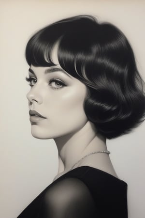 (((iconic illustration beautiful woman but extremely beautiful)))
(((intricate details,masterpiece,best quality)))
(((drawing Black charcoal pencil)))
(((Indoors room, open spaces, epic, minimalist, concrete,monochrome))) 
(((looking at viewer, view face profile, view macro zoom face)))
(((lining on the cheek)))
(((white paper background)))
(((Black hair bob_curt,1920s age style)))
(((by Diane Arbus style)))