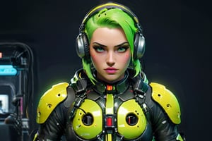 This illustration depicts a cyberpunk-style character. The character has bright green hair, which gives off a vibrant and noticeable appearance. They are wearing headphones, which suggest a connection with music or technology, which is a common theme in cyberpunk aesthetics. The character's clothes appear to be a combination of modern and futuristic elements, and can be part of a high-tech suit or armor. The background is filled with neon lights, shapes, and heart symbols, which are digitally enhanced or further highlights the cyberpunk atmosphere of the virtual reality world. The character's confident gaze and stylish appearance make it seem as if they could be DJs, hackers, or protagonists of a science fiction story set in a busy neon-lit city. It has a different look on a motor cycle,arch143