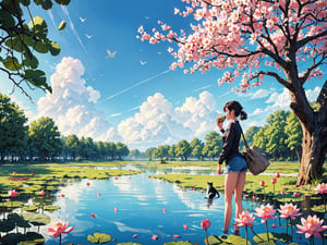 Hunched legs, one hand supporting the grass, best quality, masterpiece, super high resolution, realism, 1girl and 1cat eating watermelon, original photo feeling, blue sky, white clouds, green trees, ponds, lotus flowers.