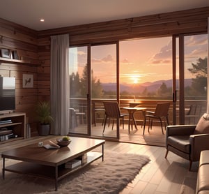 cozy modern cabin interior minimalistic look, cutaway architecture, render,  pixar, living room, sunset