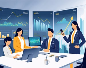 (high quality,4k,8k,highres,masterpiece:1.2),ultra-detailed,(realistic,photorealistic,photo-realistic:1.37),flat vector illustration,vivid colors,businesspeople,stock market data,charts and graphs,currency symbols,bullish and bearish symbols,wealth,success,financial growth,cash,smartphone with finance apps,luxurious office with city view,professional business attire,confident businessmen and businesswomen,documents and contracts,touchscreen devices displaying stock market data,abstract patterns representing financial data,high-tech trading terminals,modern office furniture,elegant interior design,bright and energetic colors,spotlights and dramatic lighting, 
