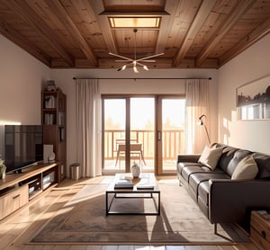 Master piece,cozy modern cabin interior minimalistic look, cutaway architecture, render,  pixar, living room