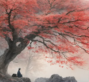 a poet take a bath, low saturated color, misty, landscape, ink, chinese ink drawing, painting,chinese ink drawing,painting, a colorful maple tree, Cliff