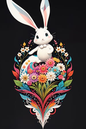 (( Ride on beautifully decorated white giant lagomorph )) ,simple background,shining eyes , twin braid , black hair , parted bangs, little girl, 15 years old,, intricate details, 32k digital painting, hyperrealism, (vivid color,abstract background:1.3, colorful:1.3, flowers:1.2, zentangle:1.2, fractal art:1.1) ,High detailed ,