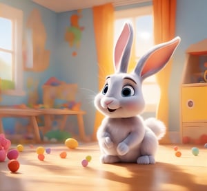 A young curious rabbit in a child's playroom. Beautiful Eyes.  The room is bright and colorful with toys scattered everywhere. The sun is shining through the windows into the room. (Done in the style of a Pixar film) 