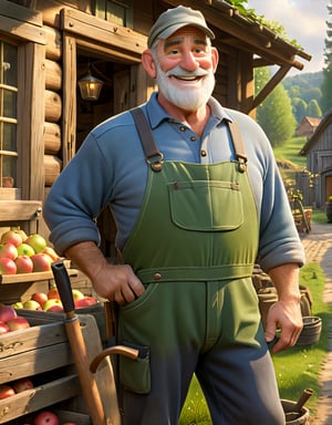 Rob, 60yr old, Italian, white beard, a farmer owner of apple orchard, muscular body, very happy, wearing work clothing, outside his wood house, farming tools, village environment, realistic, realistic eyes and faces, morning, Pixar style, 
,more detail XL, disney style