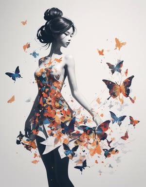 Minimalist drawing of woman's elegant silhouette. Her body is composed of multicolored butterflies that dance around her, creating a delicate and ethereal atmosphere. The butterflies vary in size and color, adding a touch of dynamism and joy to the image. White background. The artwork is inspired by ukiyo-e, painting, conceptual art, illustration, graffiti, fashion, cinematic, 3D render, and anime, and it exudes a dark fantasy vibe., dark fantasy, conceptual art, anime, cinematic, painting, fashion, illustration, ukiyo-e, 3d render, graffiti