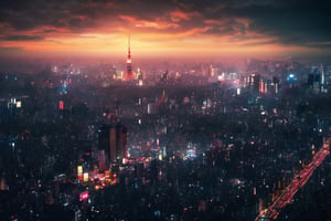 tokyo, highres, bird view ,ultra wide shot,((a man standing on rooftop:1.3)) high rise building, gothic style,urban style, designed by Blade Runner and Akira, high technology,neon lights, super nova, stars, beautiful, architectural rendering, sunset, epic clouds ,((8k, RAW photo, best quality, ultra high res, analog style, photo-realistic, masterpiece)),Movie Still