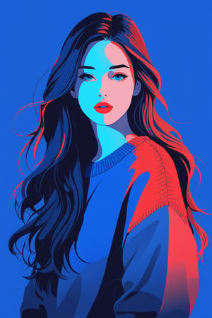 shadow flat vector art, illustrator, anime , realistic ,sketch , 1girl, ,lip, Sweater,order, Blue gradient background, Neon long hair,Textured crop