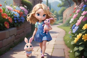 Little blond girl bleu eyes. Flowers in hair.
Walking. With her cute pink rabbit friend in arms. 
,disney pixar style
