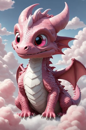 solo, looking at viewer, red eyes, jewelry, closed mouth, tail, full body, necklace, no humans, gem, pink dragon, clouds,disney pixar style,