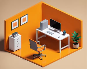 isometric, minimalistic, simple scene, orange colors, 2D, office, a laptoo, desk, chair

