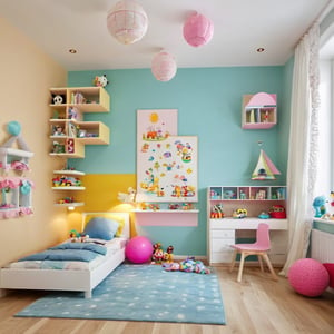 bedroom for a kids, pretty decoration, toys, coloring walls