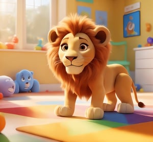 A young curious lion in a child's playroom. Beautiful Eyes.  The room is bright and colorful with toys scattered everywhere. The sun is shining through the windows into the room. (Done in the style of a Pixar film) 