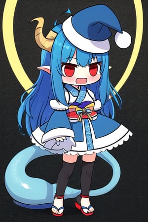{{{loli}}},nice hands, perfect hands, best quality, highly detailed, masterpiece, ultra-detailed, illustration, best quality, highly detailed, masterpiece, ultra-detailed, illustration, long hair, blue hair, red eyes, {{masterpiece}}, small breasts, ahoge, 1girl, {{{blue chinese clothes}}}, {{{{{{{{blue tabard}}}}}}}}, detached sleeves, {{wide sleeves}}, long sleeves, {{frilled sleeves}}, blue skirt, {{frilled skirt}}, {{miniskirt}}, {{obi}}, blue stockings, open toe sandals, nose blush,light smile, monster girl, dragon girl, {{{dragon tail}}}, scales, {{{horns}}},{{{angel wings}}},official style, game cg,  open mouth,Padoru_Meme