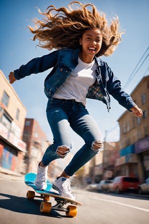 1Girl,(low angle shot:1.5),
The illustration depicts a spirited girl with a confident stance, her hair flowing behind her as she effortlessly maneuvers her skateboard. With determination in her eyes and a hint of a smile on her lips, she tackles the urban landscape with skill and grace. The low-angle perspective adds a sense of drama and dynamism to the scene,newhorrorfantasy_style,action shot