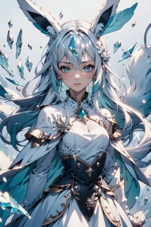 1 girl, solo, eevee ,(Snow, glaceon), human, crystalline, ((pale blue hair)), icy blue eyes,  snowflake dress, pure white outfit, fluffy collar, fluffy sleeves, crystal eyes, shiny clothes, porcelain skin, shiny skin, graceful, cold expression, ice attack, snowy wind, white dress, straight hair, flowing dress, sleeveless, icy crystals, pointed animal ears, winter dress, shiny, fluffy jacket, perfect fingers, perfect anatomy, fluffy of snow and ice,lora, blizzard attack, ((ice shards)), holding ice shard