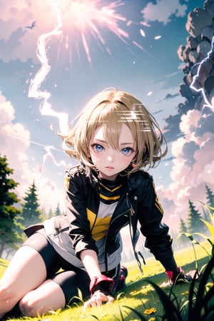 1 girl, solo, eevee, short blonde hair,  golden yellow eyes, stylish yellow outfit, black biker jacket, fluffy collar, nature background, dynamic pose, serious expression, shiny eyes, different hairstyle, human, ,thundermagic, lightning in hands, pointy animal ears, on knees, add brightness,  perfect anatomy, daylight, sunny, close up, leaning_forward, sitting_down, grassy landscape, lightning ball in hand, ((lightning attack))