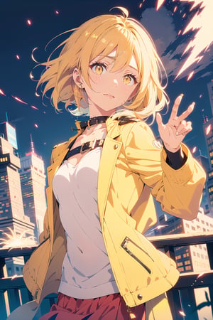 1 girl, solo, eevee, short blonde hair,  golden yellow eyes, stylish yellow outfit, yellow biker jacket, fluffy collar, cityscape background, dynamic pose, grinning, shiny eyes, different hairstyle, human, ,thundermagic, lightning in hands, sparks, attack pose, lightning in hands, focused, raised_hand, lightning attack
