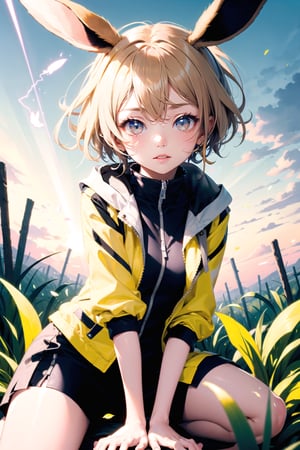 1 girl, solo, eevee, short blonde hair,  golden yellow eyes, stylish yellow outfit, black biker jacket, fluffy collar, nature background, dynamic pose, serious expression, shiny eyes, different hairstyle, human, ,thundermagic, lightning in hands, pointy animal ears, on knees, add brightness,  perfect anatomy, daylight, sunny, close up, leaning_forward, sitting_down, grassy landscape, lightning ball in hand