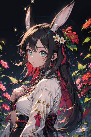masterpiece, best quality, 1 girl, flowers, floral background, nature, pose, perfect hands,  detailed, sparkling, lace outfit, long hair, ultra detailed, ultra detailed face, clear eyes, good lighting,, perfect anatomy, different hairstyles, hair ribbons, front view,eevee, leafeon, human, emerald_eyes, animal ears, green theme, green colouring, dark hair