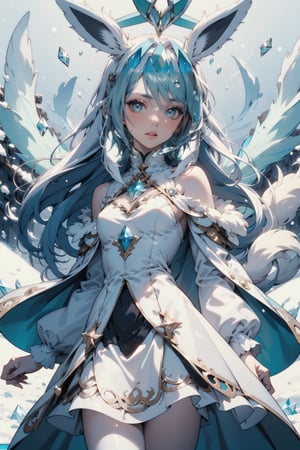 1 girl, solo, eevee ,(Snow, glaceon), human, crystalline, ((pale blue hair)), icy blue eyes,  snowflake dress, pure white outfit, fluffy collar, fluffy sleeves, crystal eyes, shiny clothes, porcelain skin, shiny skin, graceful, cold expression, ice attack, snowy wind, white dress, straight hair, flowing dress, icy crystals, pointed animal ears, winter dress, fluffy jacket, perfect fingers, perfect anatomy, fluffy of snow and ice,lora, blizzard attack, soft