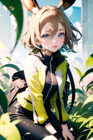 1 girl, solo, eevee, short blonde hair,  golden yellow eyes, stylish yellow outfit, black biker jacket, fluffy collar, nature background, dynamic pose, serious expression, shiny eyes, different hairstyle, human, ,thundermagic, lightning in hands, pointy animal ears, on knees, add brightness,  perfect anatomy, daylight, sunny, close up, leaning_forward, sitting_down, grassy landscape