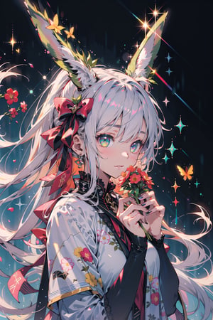 masterpiece, best quality, 1 girl, flowers, floral background, nature, pose, perfect hands,  detailed, sparkling, lace outfit, long hair, ultra detailed, ultra detailed face, clear eyes, good lighting,, perfect anatomy, different hairstyles, hair ribbons, front view,eevee, leafeon, human, emerald_eyes, animal ears, green theme, green colouring