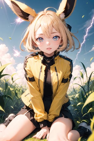1 girl, solo, eevee, short blonde hair,  golden yellow eyes, stylish yellow outfit, black biker jacket, fluffy collar, nature background, dynamic pose, serious expression, shiny eyes, different hairstyle, human, ,thundermagic, lightning in hands, pointy animal ears, on knees, add brightness,  perfect anatomy, daylight, sunny, close up, leaning_forward, sitting_down, grassy landscape, lightning ball in hand, ((lightning attack)), magic thunder, perfect face