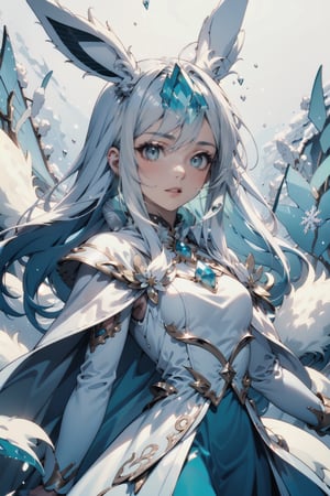 1 girl, solo, eevee ,(Snow, glaceon), human, crystalline, ((pale blue hair)), icy blue eyes,  snowflake dress, pure white outfit, fluffy collar, fluffy sleeves, crystal eyes, shiny clothes, porcelain skin, shiny skin, graceful, cold expression, ice attack, snowy wind, white dress, straight hair, flowing dress, icy crystals, pointed animal ears, winter dress, fluffy jacket, perfect fingers, perfect anatomy, fluffy of snow and ice,lora, blizzard attack, open mouth