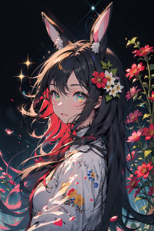 masterpiece, best quality, 1 girl, flowers, floral background, nature, pose, perfect hands,  detailed, sparkling, lace outfit, long hair, ultra detailed, ultra detailed face, clear eyes, good lighting,, perfect anatomy, different hairstyles, hair ribbons, front view,eevee, leafeon, human, emerald_eyes, animal ears, green theme, green colouring